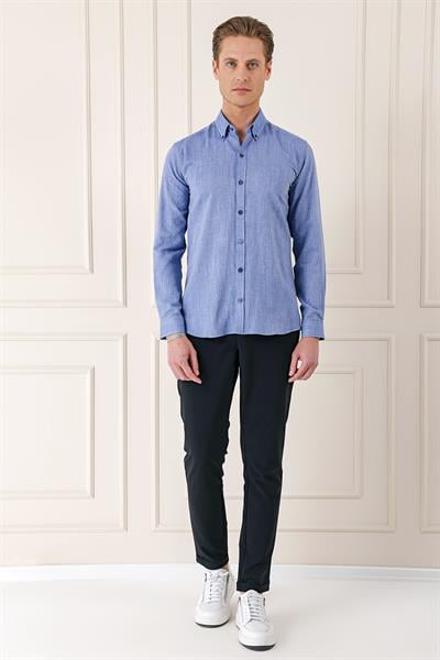 Gk 723 Slim Fit Düğmeli Yaka %100 Pamuk Klasik Koyu Mavi Gömlek