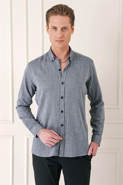 Gk 723 Slim Fit Düğmeli Yaka %100 Pamuk Klasik Siyah Gömlek