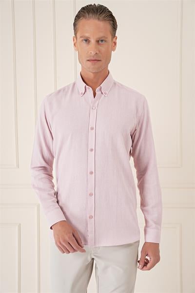 Gk 723 Slim Fit Düğmeli Yaka %100 Pamuk Klasik Pudra Gömlek