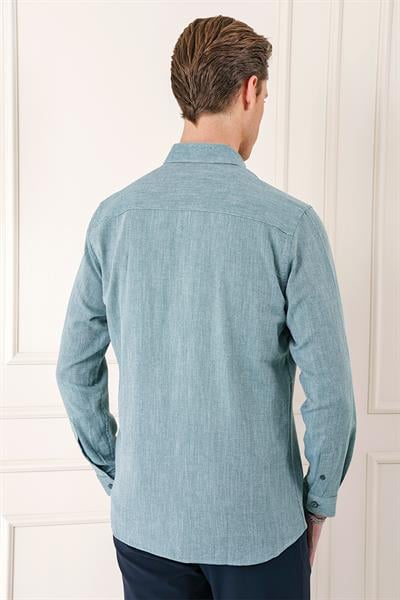 Gk 723 Slim Fit Düğmeli Yaka %100 Pamuk Klasik Yeşil Gömlek
