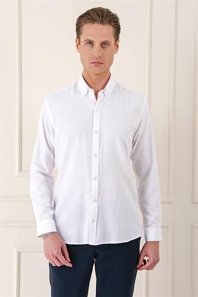 Gk 723 Slim Fit Düğmeli Yaka %100 Pamuk Klasik Beyaz Gömlek