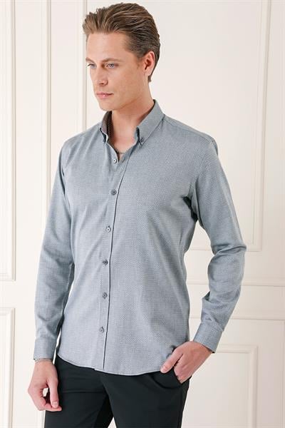 Gk 724 Slim Fit Düğmeli Yaka Dokulu %100 Pamuk Klasik Gri Gömlek