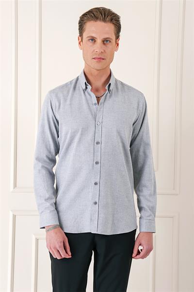 Gk 724 Slim Fit Düğmeli Yaka Dokulu %100 Pamuk Klasik Açık Gri Gömlek