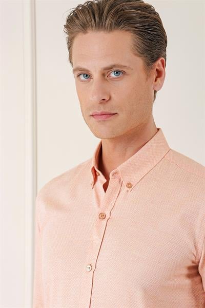 Gk 724 Slim Fit Düğmeli Yaka Dokulu %100 Pamuk Klasik Somon Gömlek
