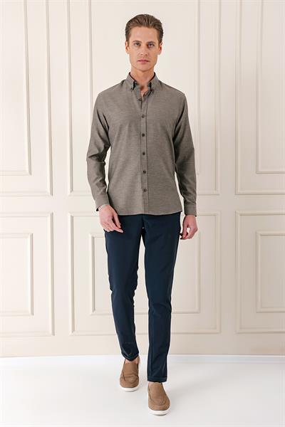 Gk 724 Slim Fit Düğmeli Yaka Dokulu %100 Pamuk Klasik Kahverengi Gömlek