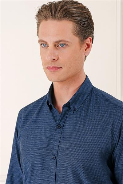 Gk 724 Slim Fit Düğmeli Yaka Dokulu %100 Pamuk Klasik Lacivert Gömlek