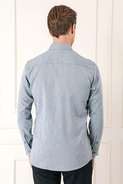 Gk 724 Slim Fit Düğmeli Yaka Dokulu %100 Pamuk Klasik Gri Gömlek