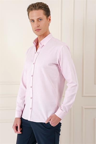 Gk 724 Slim Fit Düğmeli Yaka Dokulu %100 Pamuk Klasik Pudra Gömlek