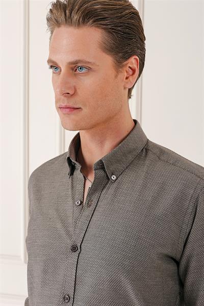 Gk 724 Slim Fit Düğmeli Yaka Dokulu %100 Pamuk Klasik Kahverengi Gömlek
