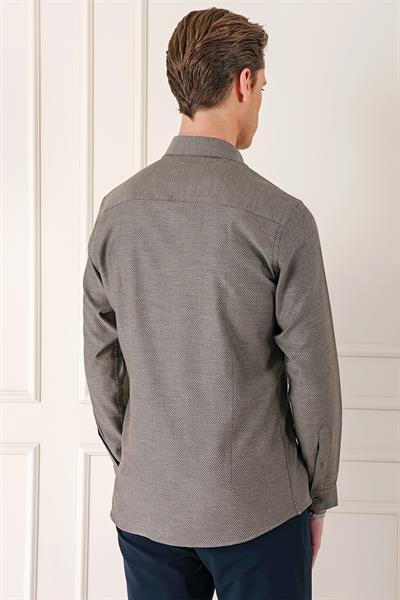 Gk 724 Slim Fit Düğmeli Yaka Dokulu %100 Pamuk Klasik Kahverengi Gömlek