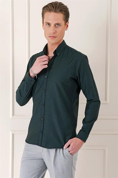 Gk 724 Slim Fit Düğmeli Yaka Dokulu %100 Pamuk Klasik Siyah Gömlek