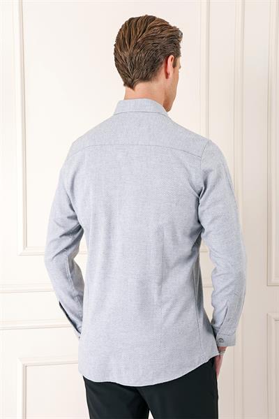 Gk 724 Slim Fit Düğmeli Yaka Dokulu %100 Pamuk Klasik Açık Gri Gömlek