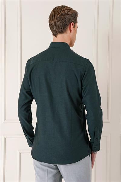 Gk 724 Slim Fit Düğmeli Yaka Dokulu %100 Pamuk Klasik Siyah Gömlek
