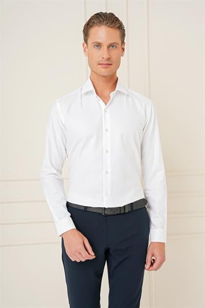 Gk 725 Slim Fit Dokulu %100 Pamuk Klasik Beyaz Gömlek