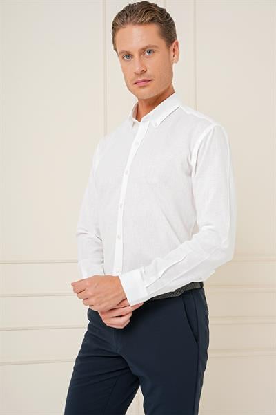Gk 726 Slim Fit Düğmeli Yaka Dokulu %100 Pamuk Klasik Beyaz Gömlek