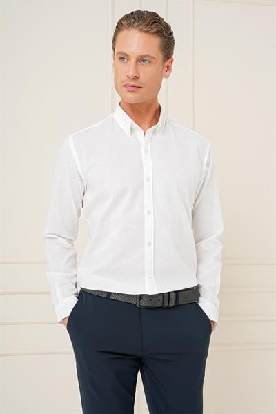 Gk 726 Slim Fit Düğmeli Yaka Dokulu %100 Pamuk Klasik Beyaz Gömlek