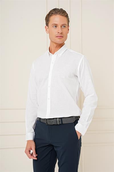 Gk 726 Slim Fit Düğmeli Yaka Dokulu %100 Pamuk Klasik Beyaz Gömlek