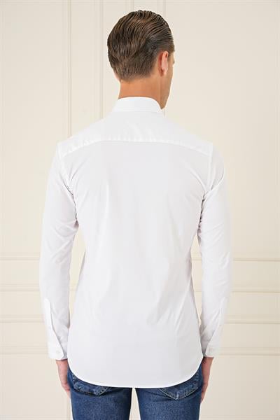 Gk 727 Slim Fit Düğmeli Yaka Esnek Pamuk Klasik Beyaz Gömlek