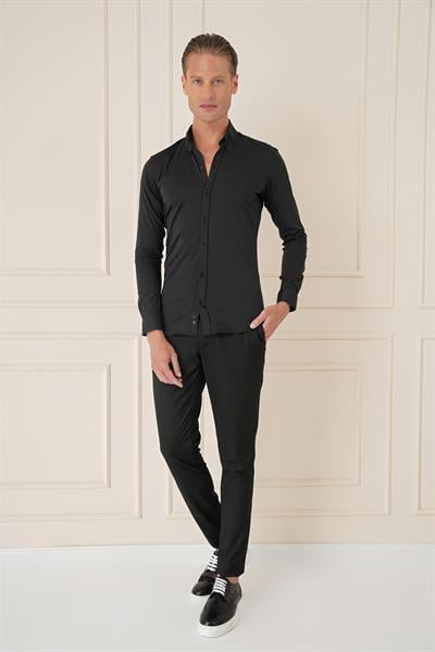 Gk 727 Slim Fit Düğmeli Yaka Esnek Pamuk Klasik Siyah Gömlek