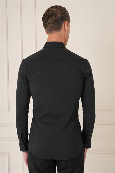 Gk 727 Slim Fit Düğmeli Yaka Esnek Pamuk Klasik Siyah Gömlek