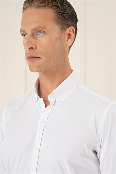 Gk 727 Slim Fit Düğmeli Yaka Esnek Pamuk Klasik Beyaz Gömlek