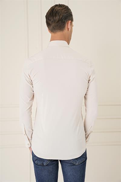 Gk 727 Slim Fit Düğmeli Yaka Esnek Pamuk Klasik Bej Gömlek