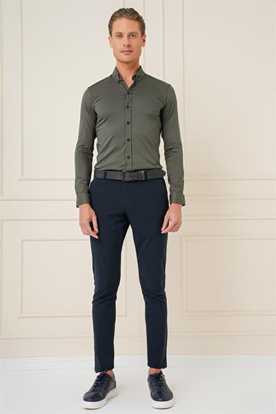 Gk 727 Slim Fit Düğmeli Yaka Esnek Pamuk Klasik Haki Gömlek