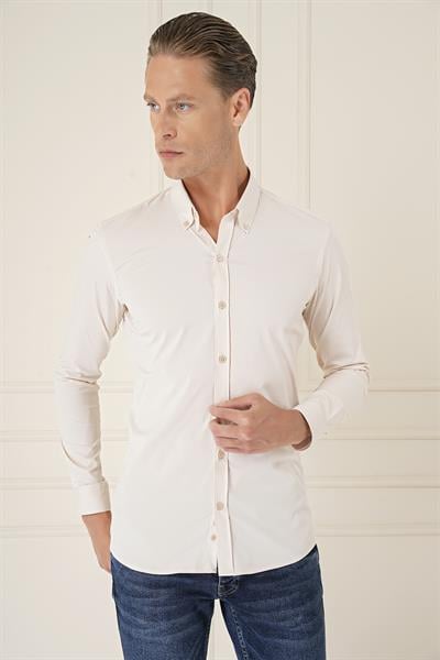 Gk 727 Slim Fit Düğmeli Yaka Esnek Pamuk Klasik Bej Gömlek