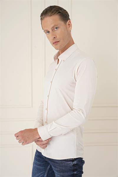 Gk 727 Slim Fit Düğmeli Yaka Esnek Pamuk Klasik Bej Gömlek