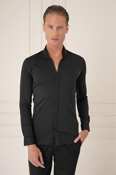 Gk 727 Slim Fit Düğmeli Yaka Esnek Pamuk Klasik Siyah Gömlek