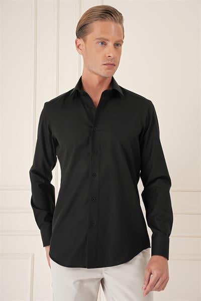 Gk 735 Slim Fit %100 Pamuk Non Iron Kumaş Klasik Siyah Gömlek 
