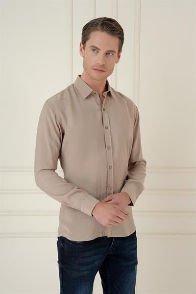 GK 743 Slim Fit Bej Klasik Gömlek
