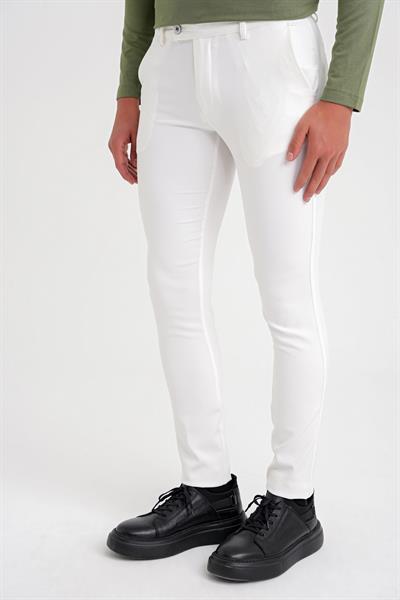 P 1088 Slim Fit Yan Cep Esnek Pamuklu Casuel Beyaz Pantolon