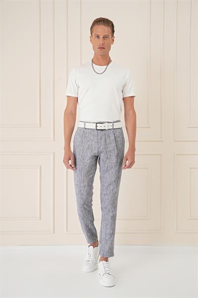 P 1145 Comfort Fit Beli Lastikli Pileli Keten Casuel Lacivert Pantolon