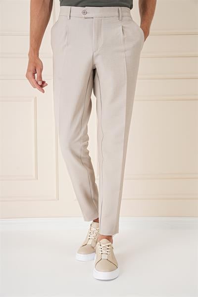 P 1148 Comfort Fit Gofre Kumaş Pileli Pamuk Casuel Bej Pantolon
