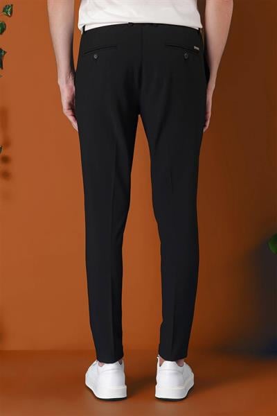 P 1148 Comfort Fit Gofre Kumaş Pileli Pamuk Casuel Siyah Pantolon