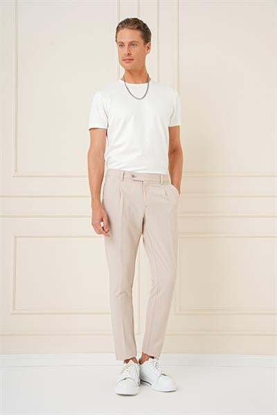 P 1148 Comfort Fit Gofre Kumaş Pileli Pamuk Casuel Koyu Bej Pantolon