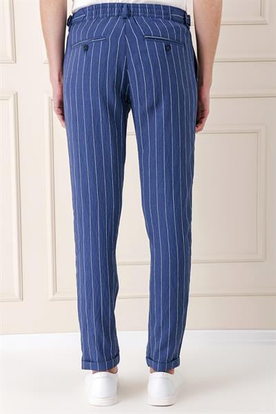 P 1151 Comfort Fit Yandan Tokalı Çizgili Keten Casuel İndigo Pantolon