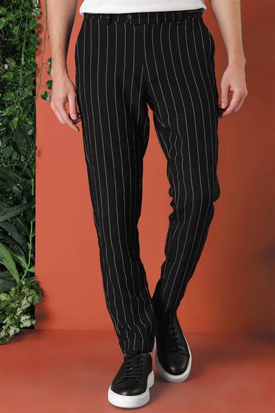 P 1151 Comfort Fit Yandan Tokalı Çizgili Keten Casuel Siyah Pantolon