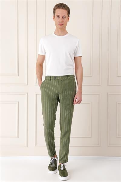 P 1151 Comfort Fit Yandan Tokalı Çizgili Keten Casuel Haki Pantolon