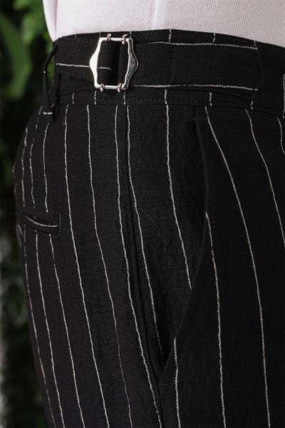P 1151 Comfort Fit Yandan Tokalı Çizgili Keten Casuel Siyah Pantolon