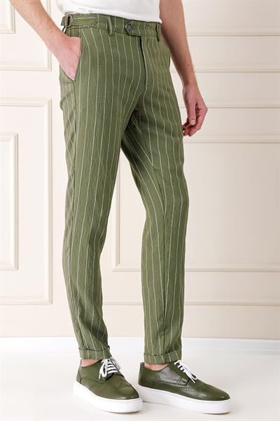 P 1151 Comfort Fit Yandan Tokalı Çizgili Keten Casuel Haki Pantolon