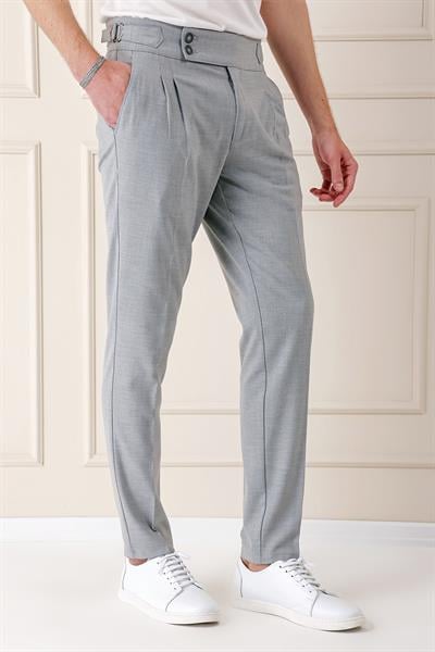 P 1153 Comfort Fit Çift Pile Yandan Tokalı Yüksek Bel Casuel Gri Pantolon