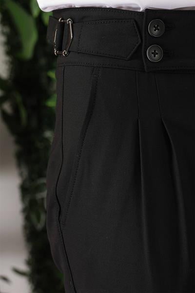 P 1153 Comfort Fit Çift Pile Yandan Tokalı Yüksek Bel Casuel Siyah Pantolon