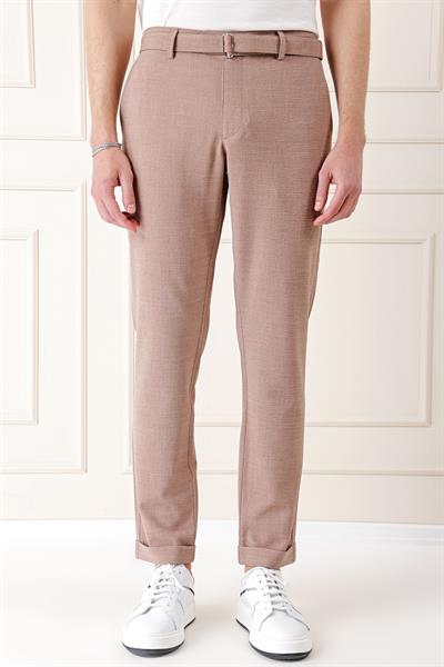 P 1154 Comfort Fit Belden Kumaş Kemerli Pamuk Bej Jogger Pantolon