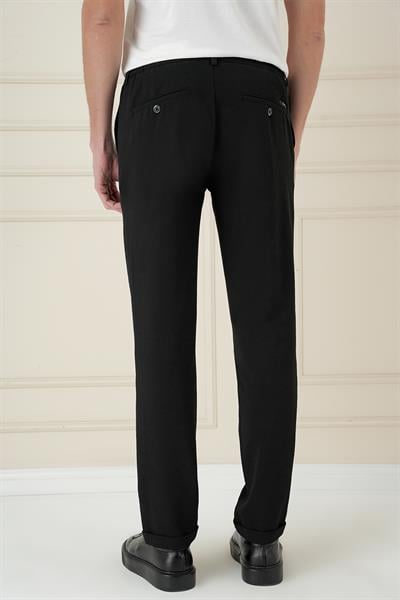 P 1174 Comfort Fit Gofre Dokulu Beli Lastikli Pileli Siyah Jogger Pantolon