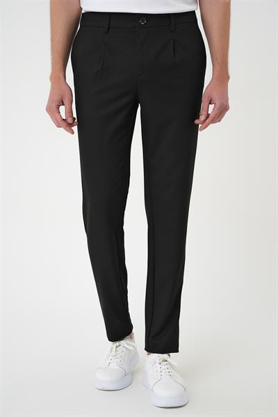 P 1182 Comfort Fit Beli Lastikli Pileli Siyah Jogger Pantolon 
