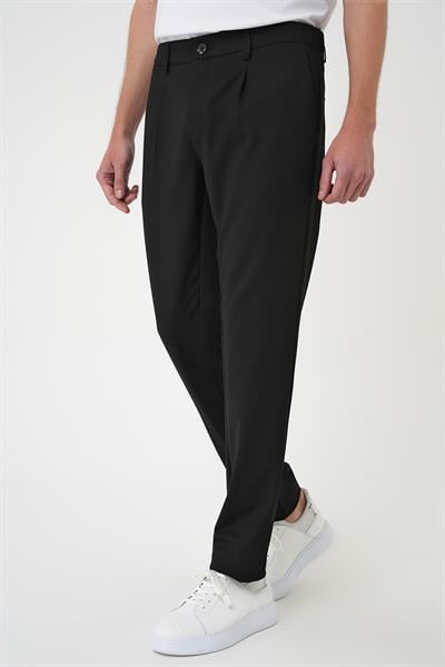 P 1182 Comfort Fit Beli Lastikli Pileli Siyah Jogger Pantolon 