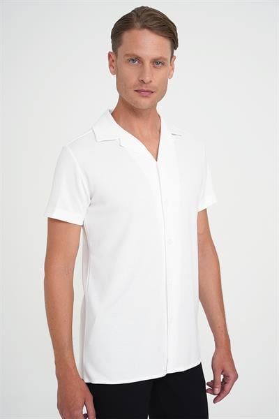 Slim Fit Apaş Yaka Modal Karışımlı Kısa Kol Beyaz Gömlek G 1590