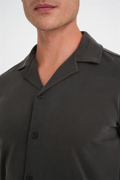 Slim Fit Apaş Yaka Modal Karışımlı Kısa Kol Kahverengi Gömlek G 1590